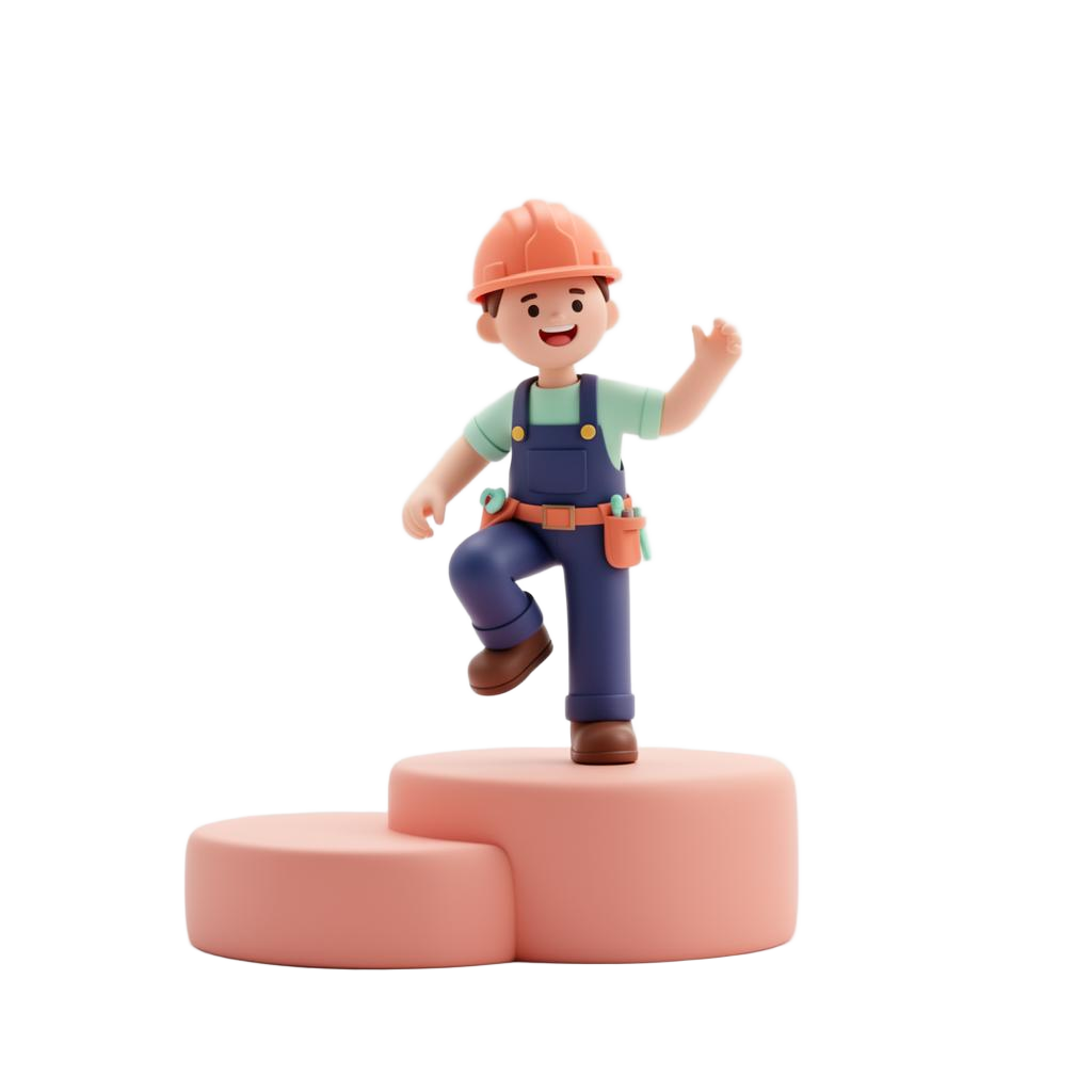 A 3D builder climbing a leaderboard podium with badges floating around