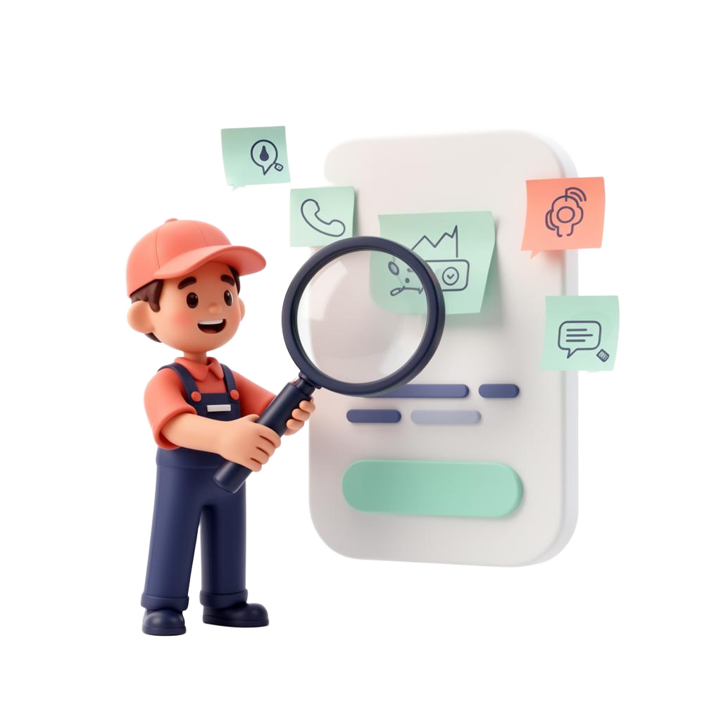 A 3D tester examining a UI mockup with a magnifying glass and feedback notes